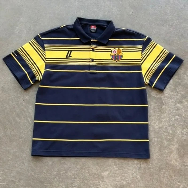 Y2k Retro Harajuku T Shirt Two Color Embroidered Logo Striped Patchwork Barca Polo Shirt Trendy Hiphop Men Women Oversized Tops