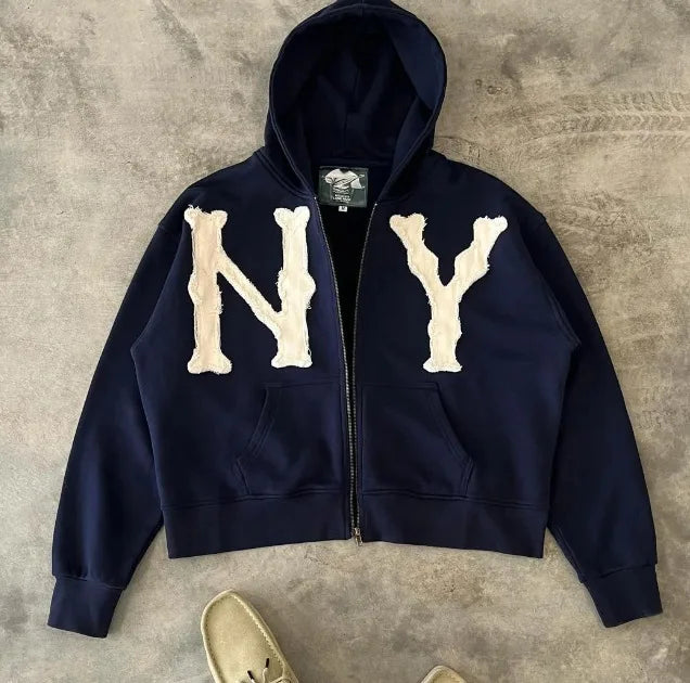 European and American Trendy Brand Fashion Jacket Letter Embroidered Oversized Hoodie Men Y2k Harajuku Retro Zipper Sweatshirt
