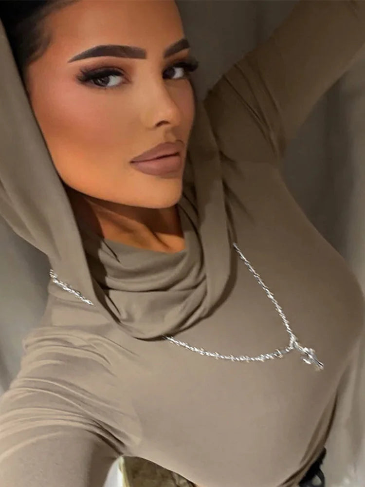 Women's Hooded Crop Tops Autumn Solid Color Long Sleeve Cowl Neck Slim Fit Short T-Shirt Streetwear Sporty Basics Tees