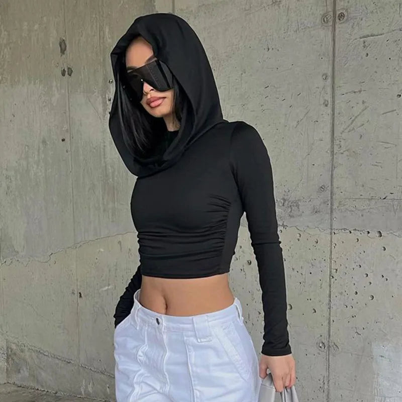Women's Hooded Crop Tops Autumn Solid Color Long Sleeve Cowl Neck Slim Fit Short T-Shirt Streetwear Sporty Basics Tees