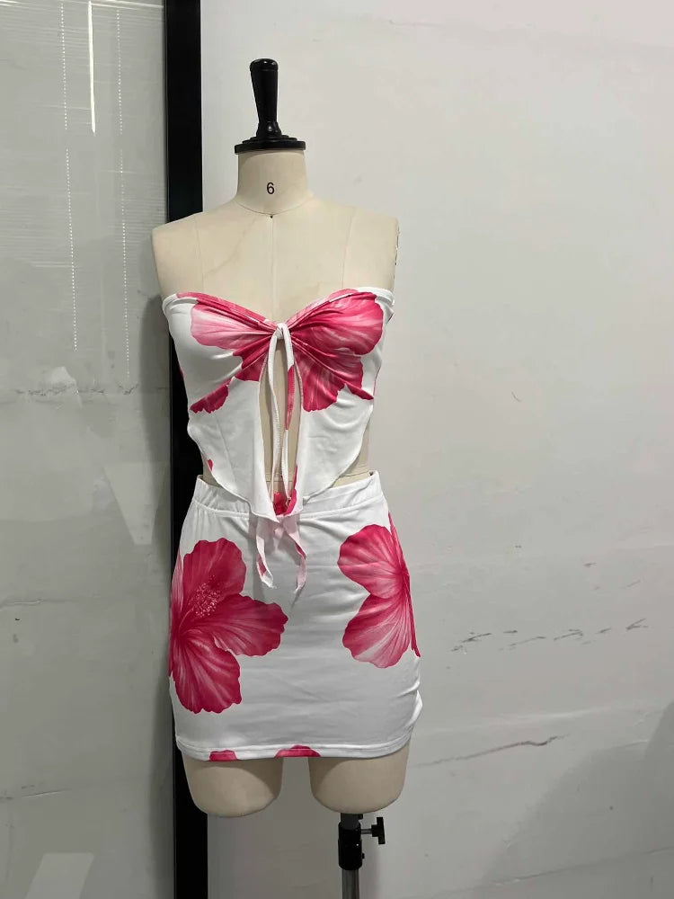Sexy Slim Fit Short Skirt 2-piece Set Flower Printed Women Backless Off Shoulder Split Ruffle Bikini Tops Sets Female Beachwear