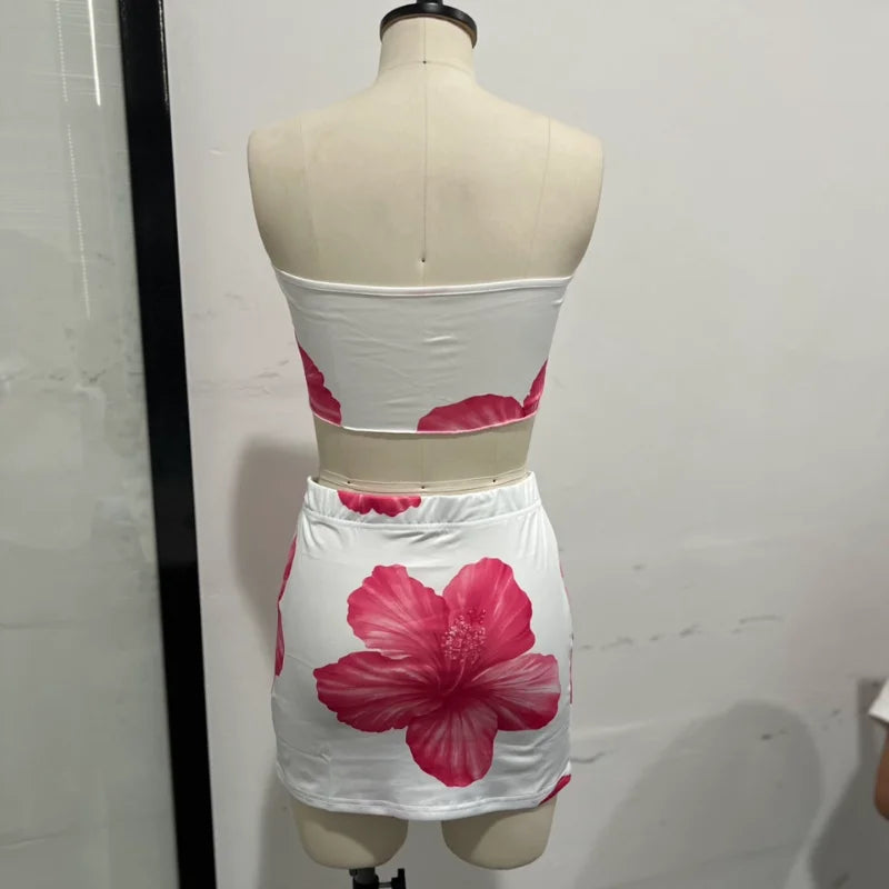 Sexy Slim Fit Short Skirt 2-piece Set Flower Printed Women Backless Off Shoulder Split Ruffle Bikini Tops Sets Female Beachwear