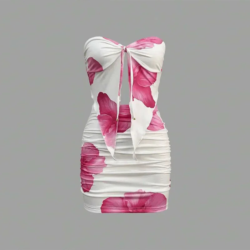 Sexy Slim Fit Short Skirt 2-piece Set Flower Printed Women Backless Off Shoulder Split Ruffle Bikini Tops Sets Female Beachwear