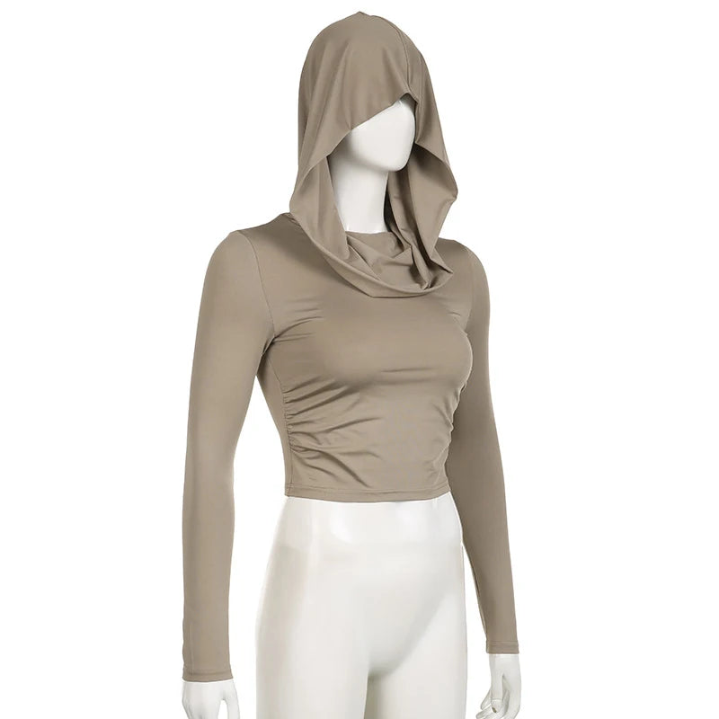 Women's Hooded Crop Tops Autumn Solid Color Long Sleeve Cowl Neck Slim Fit Short T-Shirt Streetwear Sporty Basics Tees