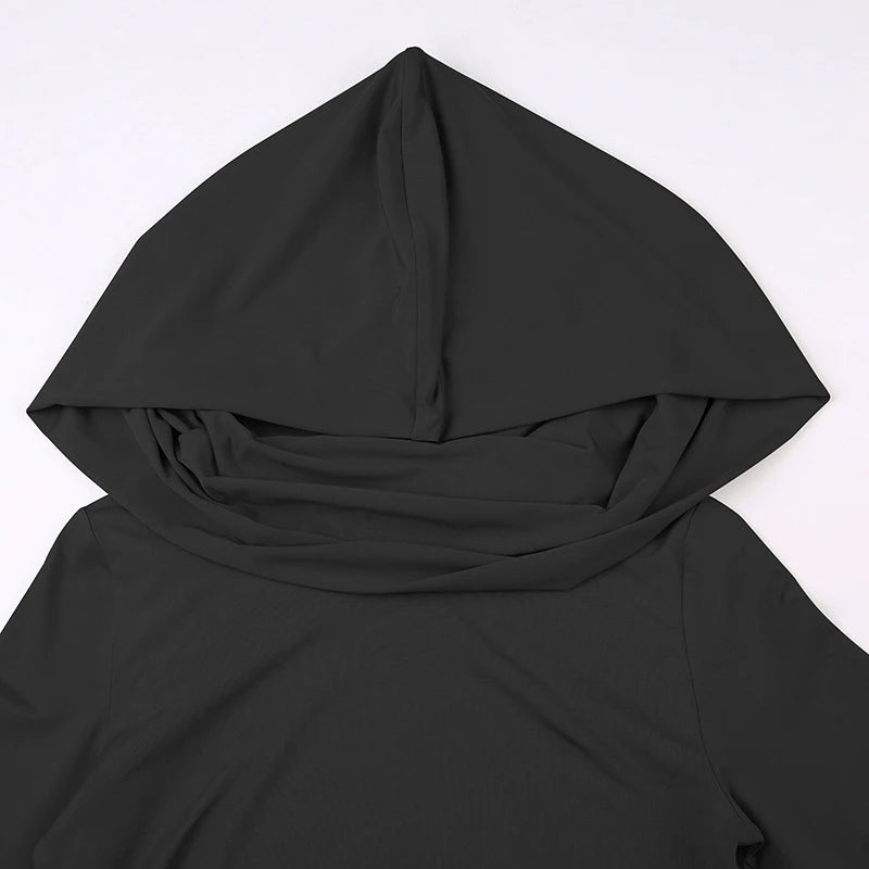 Women's Hooded Crop Tops Autumn Solid Color Long Sleeve Cowl Neck Slim Fit Short T-Shirt Streetwear Sporty Basics Tees