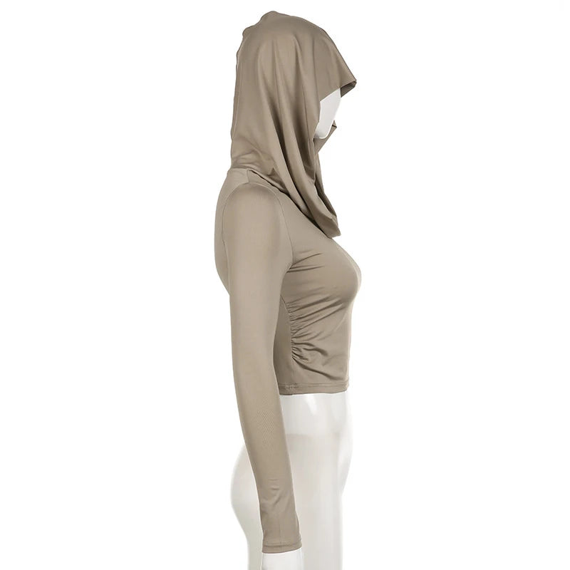 Women's Hooded Crop Tops Autumn Solid Color Long Sleeve Cowl Neck Slim Fit Short T-Shirt Streetwear Sporty Basics Tees